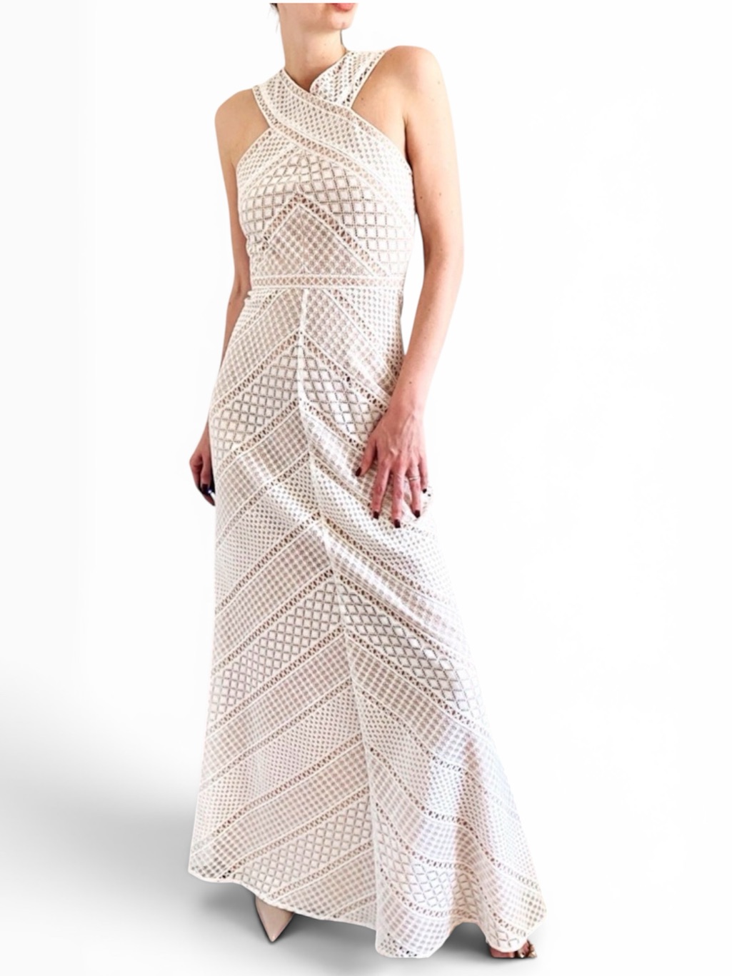 Bcbgmaxazria Bernadette Cream Lace Gown With Cross Neck Size 4 Gorgeous